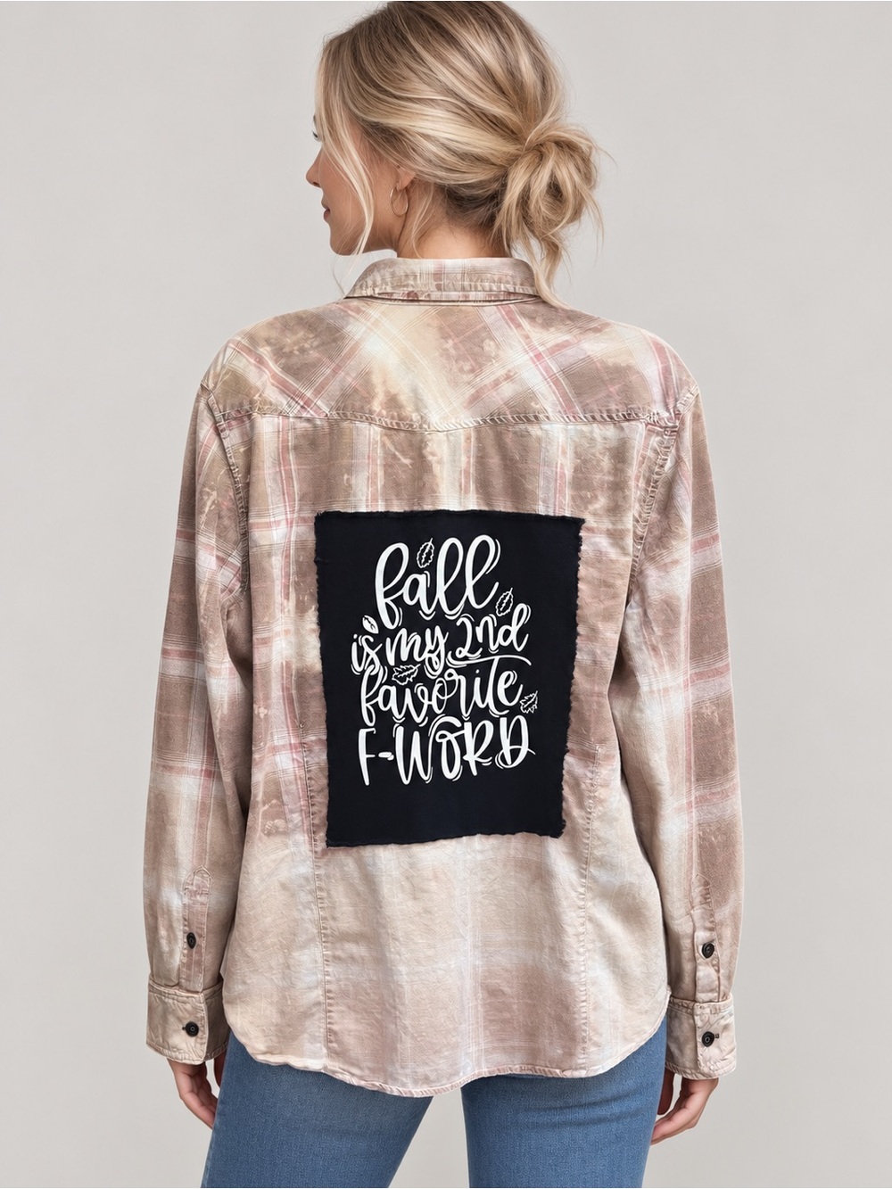 Upcycled fall is my favorite F word David Bitton Beige Plaid Bleached shirt xl